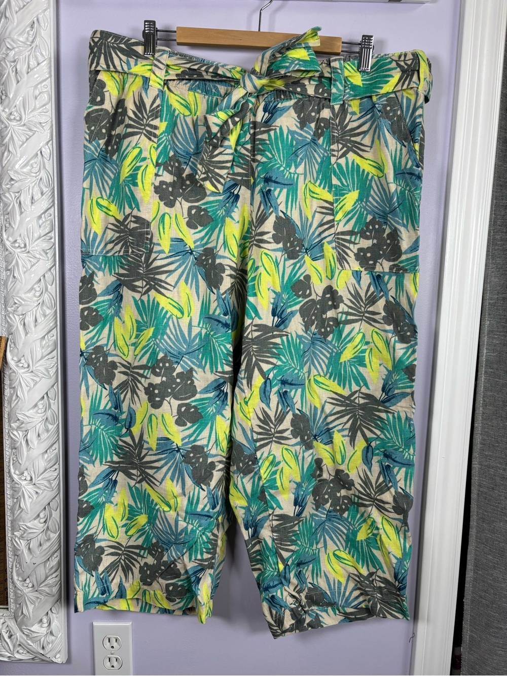 Land’s End Tropical Leaf Print Tie-Waist Linen Blend Cropped Pants Size 18W